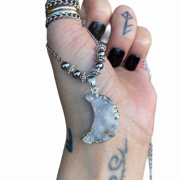 Iridescent Druzy crystal quartz crecent moon steel chain necklace boho stones - Picture 1 of 11